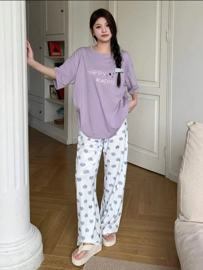 Lilac Happy Moments Printed Half Sleeves Shirt with Hearts Printed Trouser (CC-097)