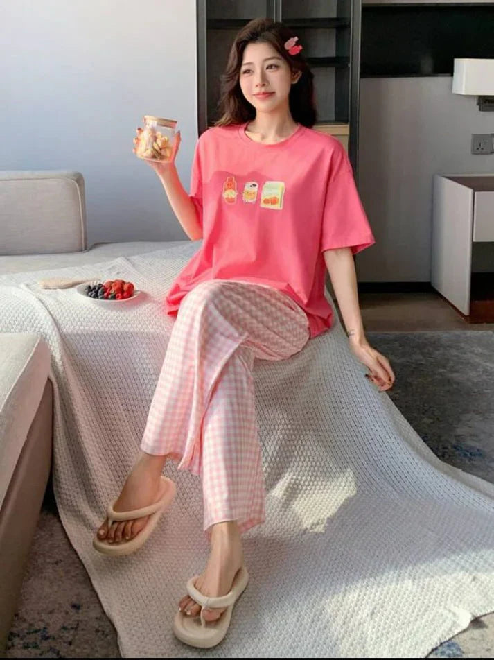 Pink Juices Printed Half Sleeves Shirt With check Printed Trouser Night wear (CC-096)