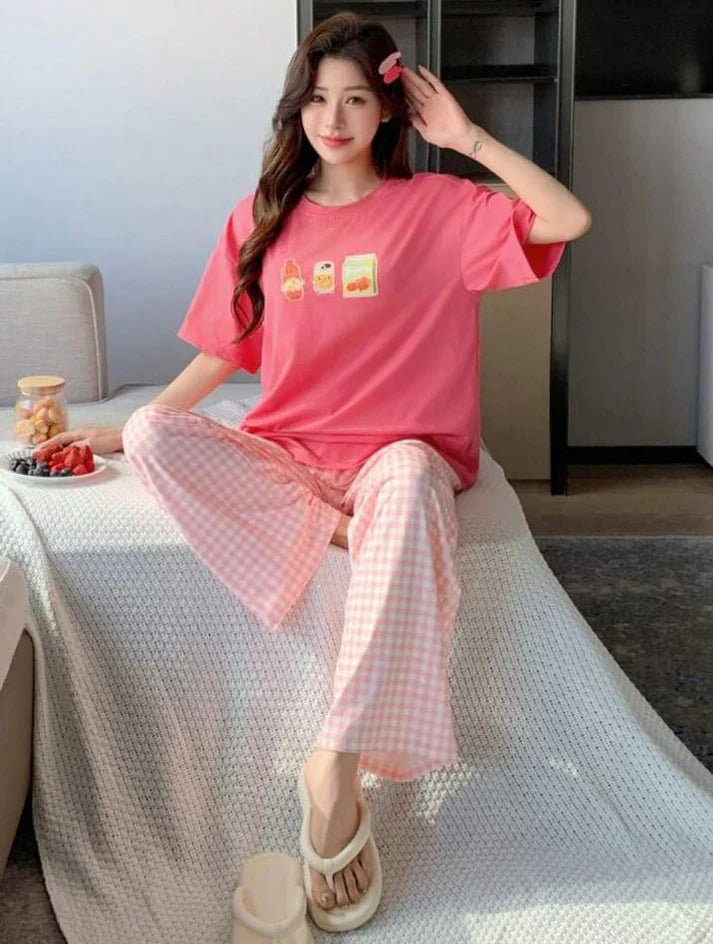 Pink Juices Printed Half Sleeves Shirt With check Printed Trouser Night wear (CC-096)