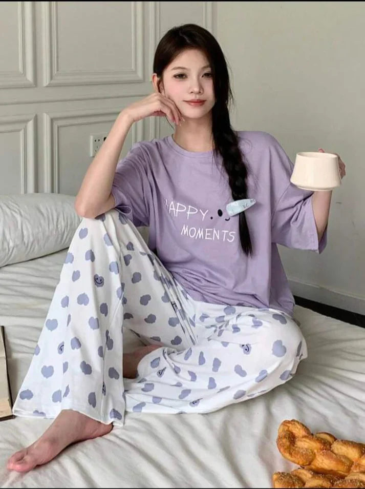 Lilac Happy Moments Printed Half Sleeves Shirt with Hearts Printed Trouser (CC-097)