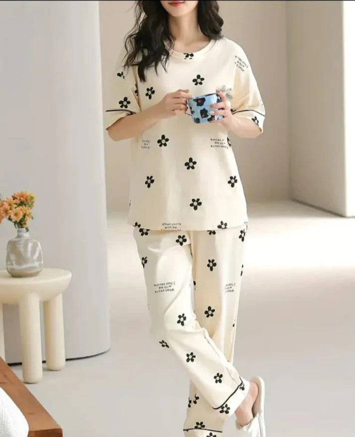 Off White Black All over flowers Print Half Sleeves Night Suit (CC-127)