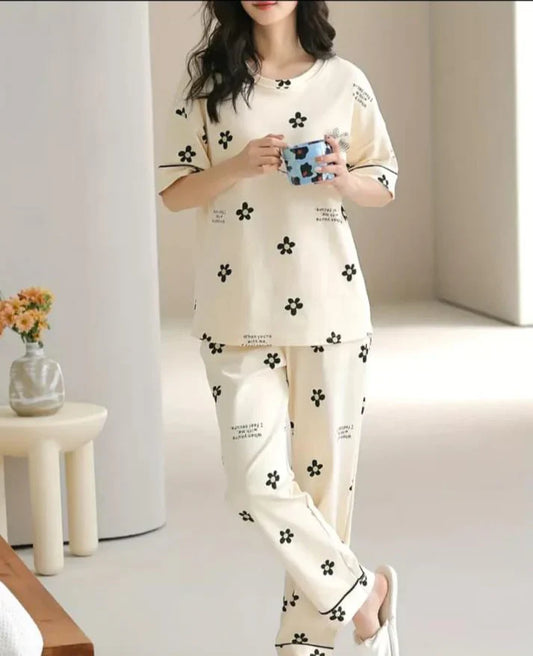 Off White Black All over flowers Print Half Sleeves Night Suit (CC-127)
