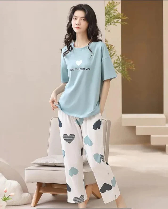 Sky blue Love you forever hearts Print Half Sleeves Printed Night Suit (CC-145)