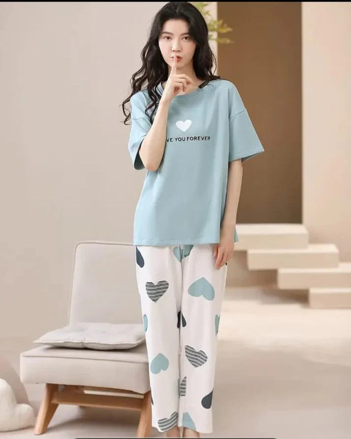 Sky blue Love you forever hearts Print Half Sleeves Printed Night Suit (CC-145)
