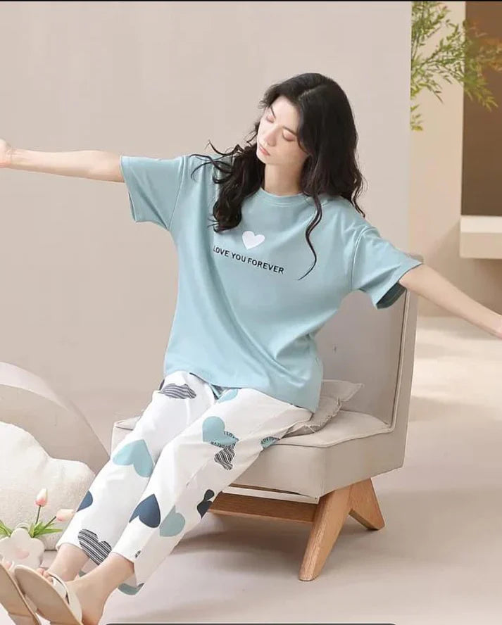 Sky blue Love you forever hearts Print Half Sleeves Printed Night Suit (CC-145)