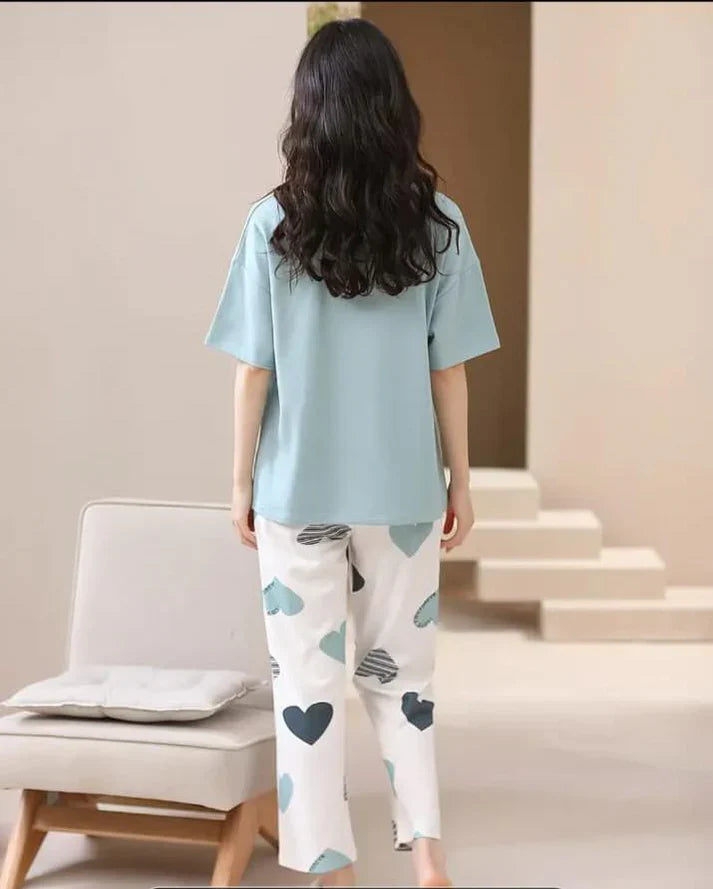 Sky blue Love you forever hearts Print Half Sleeves Printed Night Suit (CC-145)