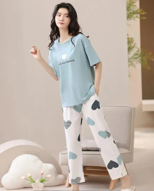 Sky blue Love you forever hearts Print Half Sleeves Printed Night Suit (CC-145)