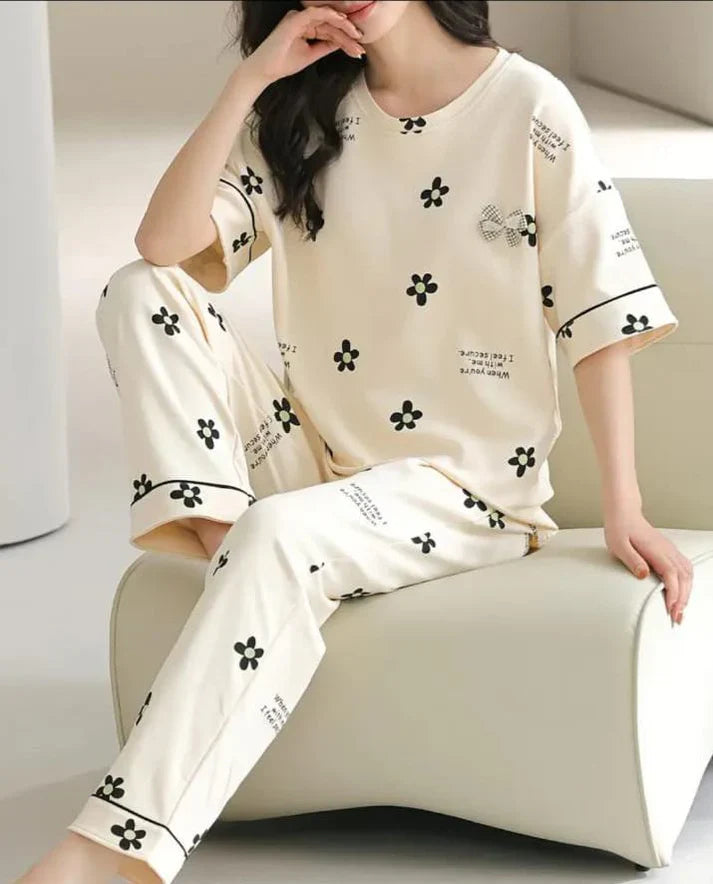 Off White Black All over flowers Print Half Sleeves Night Suit (CC-127)