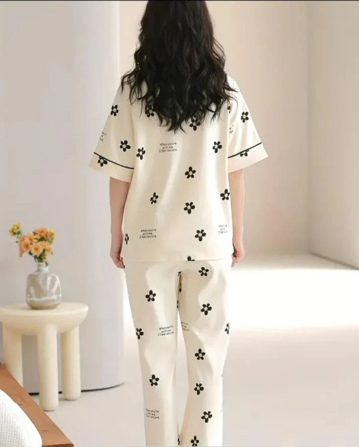 Off White Black All over flowers Print Half Sleeves Night Suit (CC-127)