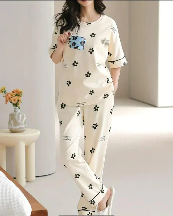 Off White Black All over flowers Print Half Sleeves Night Suit (CC-127)