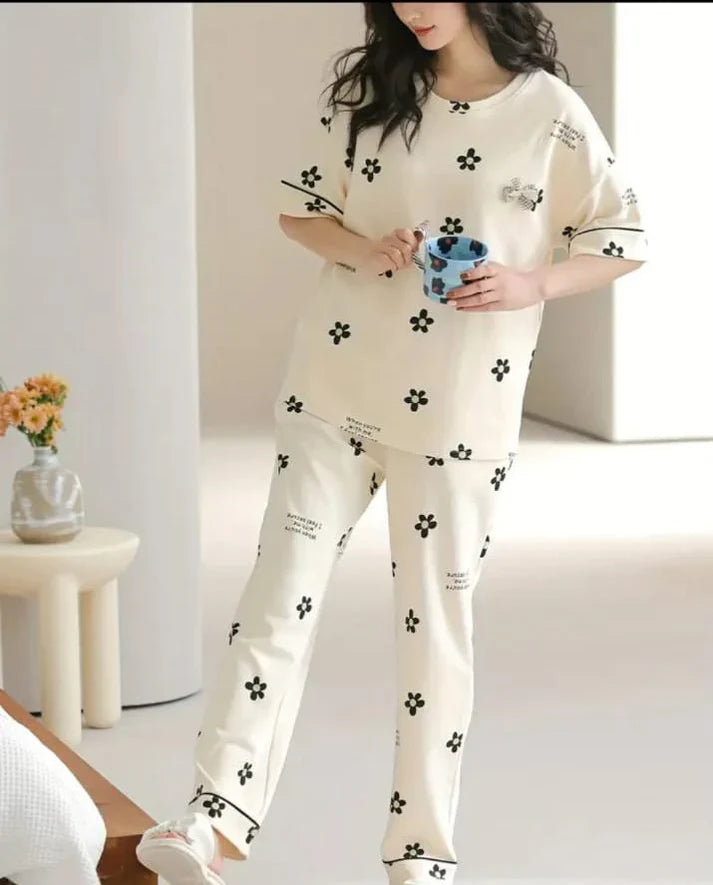 Off White Black All over flowers Print Half Sleeves Night Suit (CC-127)