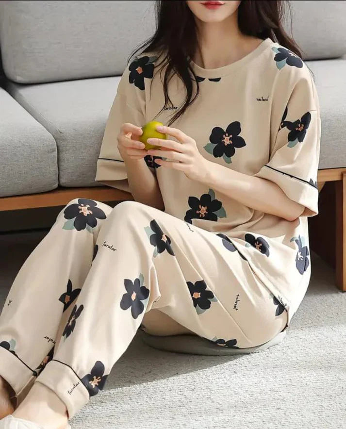 Brown All Over Flowers Printed Night Suit (CC-130)