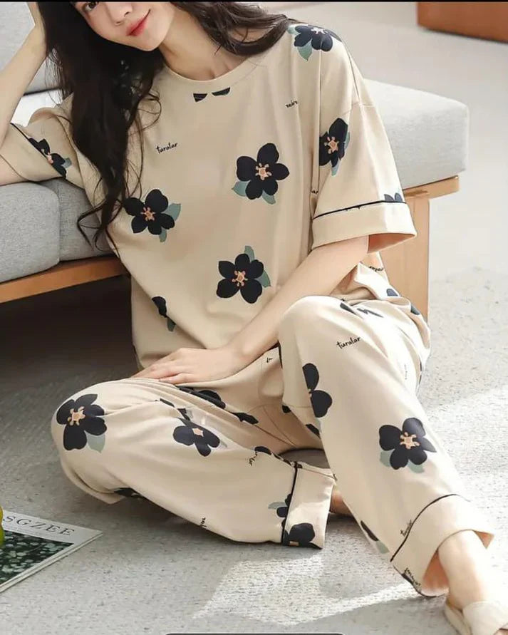 Brown All Over Flowers Printed Night Suit (CC-130)