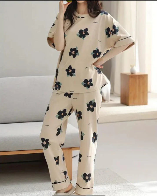 Brown All Over Flowers Printed Night Suit (CC-130)