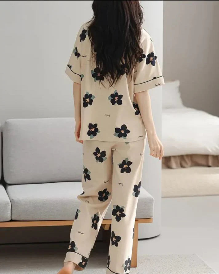Brown All Over Flowers Printed Night Suit (CC-130)