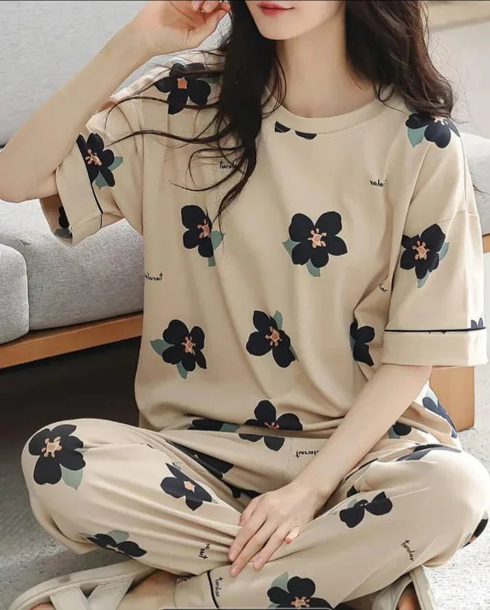 Brown All Over Flowers Printed Night Suit (CC-130)