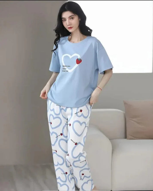 Sky blue Strawberry Heart Printed Night Suit (CC-131)