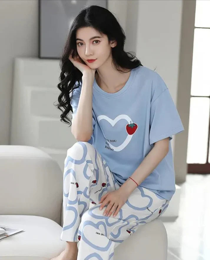 Sky blue Strawberry Heart Printed Night Suit (CC-131)