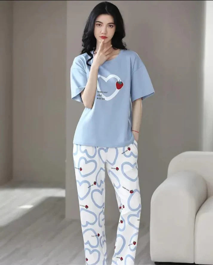 Sky blue Strawberry Heart Printed Night Suit (CC-131)