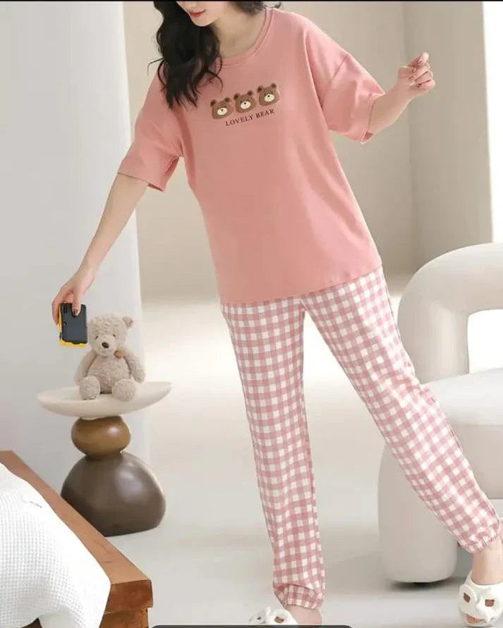 Pink Lovely Three Bears Printed Night Suit (CC-133)