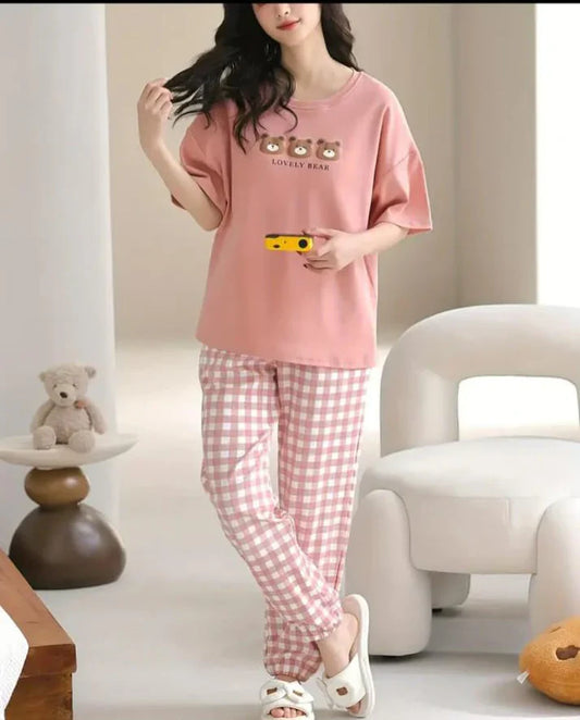 Pink Lovely Three Bears Printed Night Suit (CC-133)