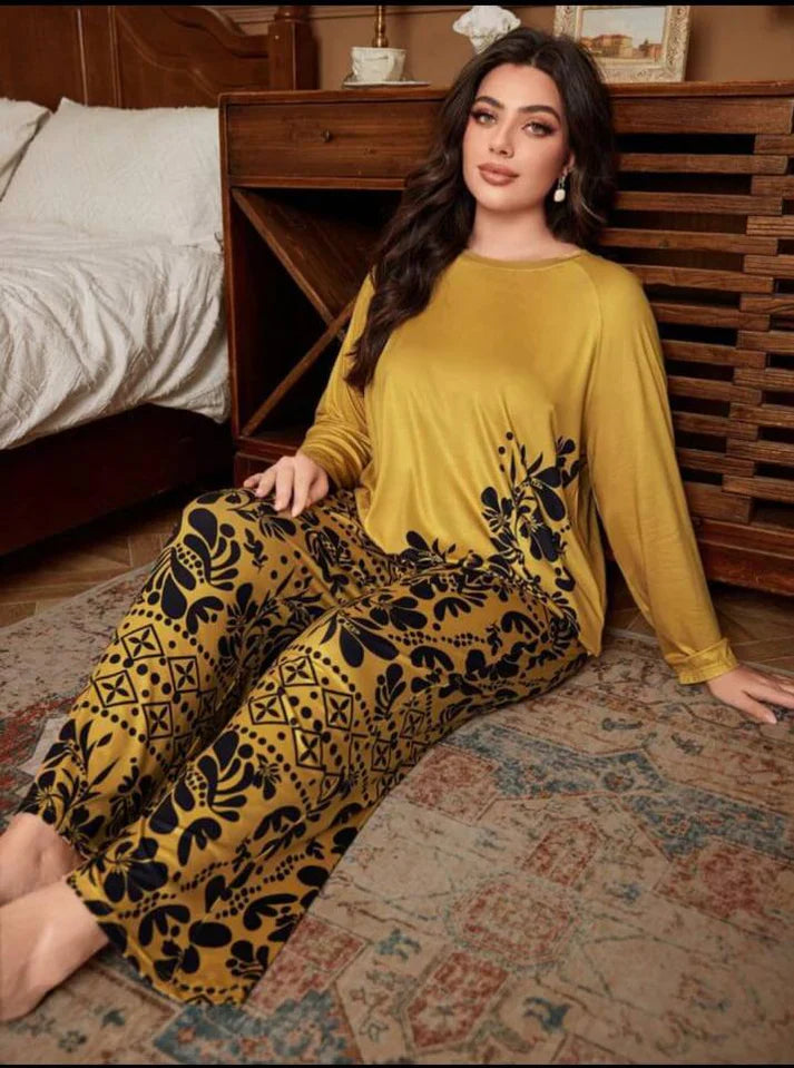 Deep Yellow Floral Print Full Sleeves with floral Printed pajama Night Suit (CC-134)