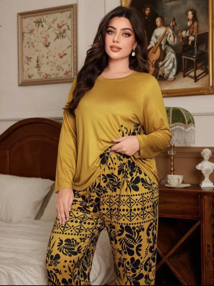 Deep Yellow Floral Print Full Sleeves with floral Printed pajama Night Suit (CC-134)
