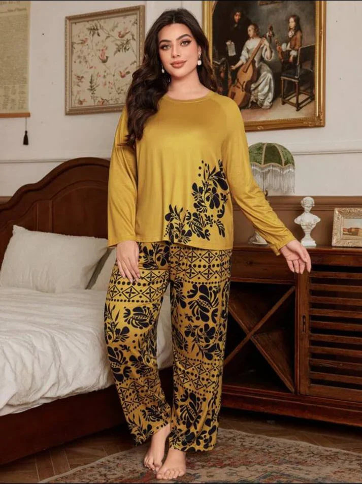 Deep Yellow Floral Print Full Sleeves with floral Printed pajama Night Suit (CC-134)