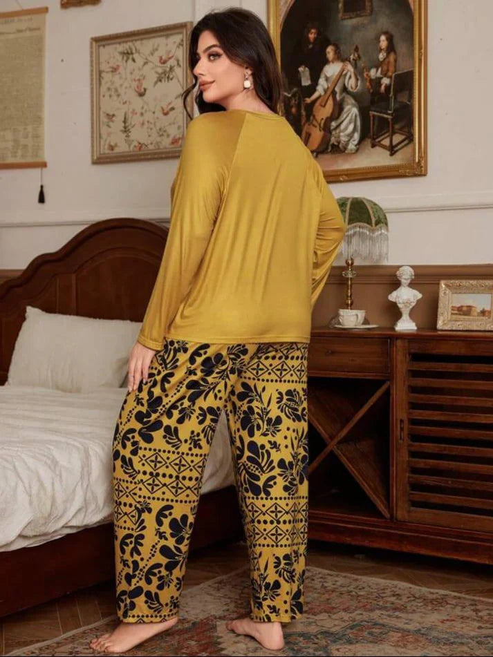 Deep Yellow Floral Print Full Sleeves with floral Printed pajama Night Suit (CC-134)