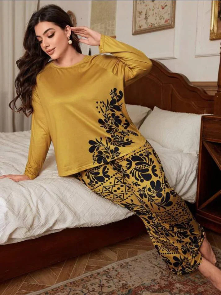 Deep Yellow Floral Print Full Sleeves with floral Printed pajama Night Suit (CC-134)