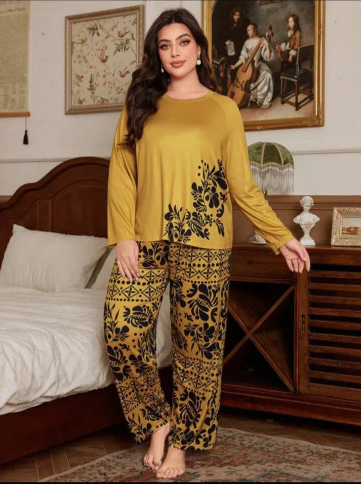 Deep Yellow Floral Print Full Sleeves with floral Printed pajama Night Suit (CC-134)