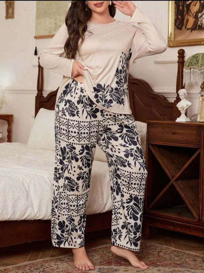 Off White Floral Print Full Sleeves with floral Printed pajama Night Suit (CC-136)