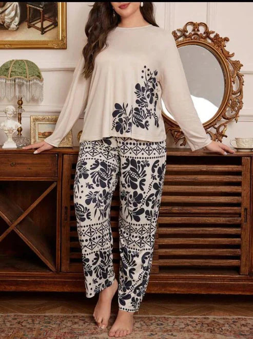 Off White Floral Print Full Sleeves with floral Printed pajama Night Suit (CC-136)