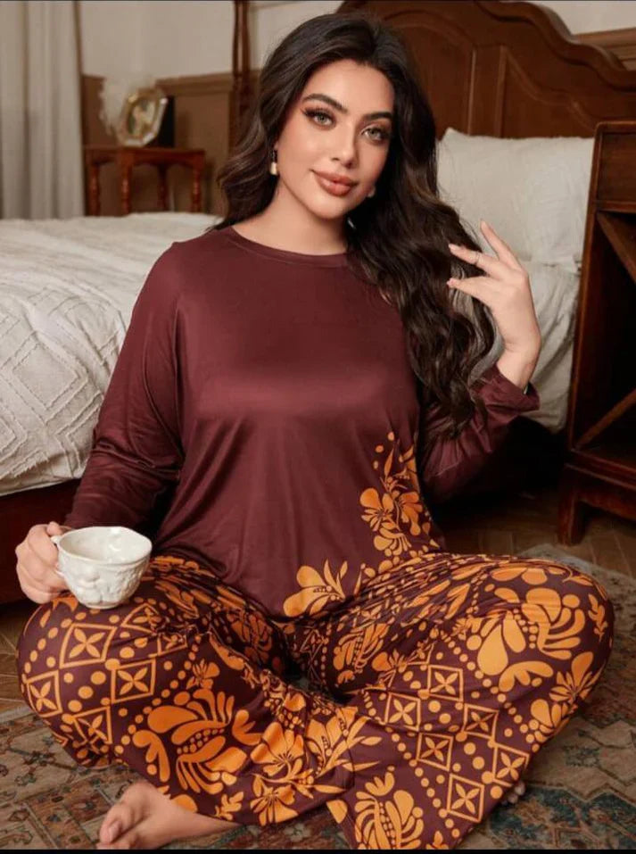 Maroon Floral Print Full Sleeves with floral Printed pajama Night Suit (CC-135)