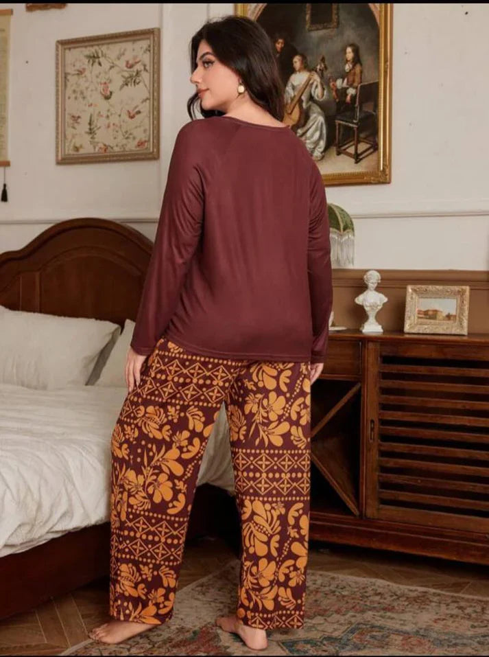 Maroon Floral Print Full Sleeves with floral Printed pajama Night Suit (CC-135)
