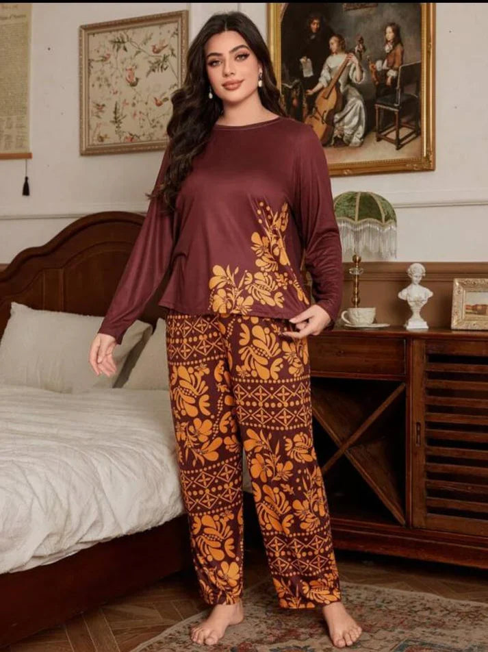 Maroon Floral Print Full Sleeves with floral Printed pajama Night Suit (CC-135)