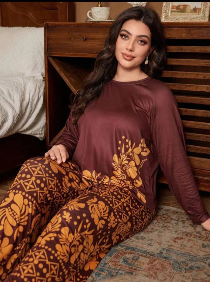 Maroon Floral Print Full Sleeves with floral Printed pajama Night Suit (CC-135)