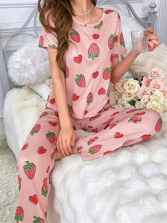 Pink All over Strawberry Half Sleeves Printed Night Suit (CC-137)