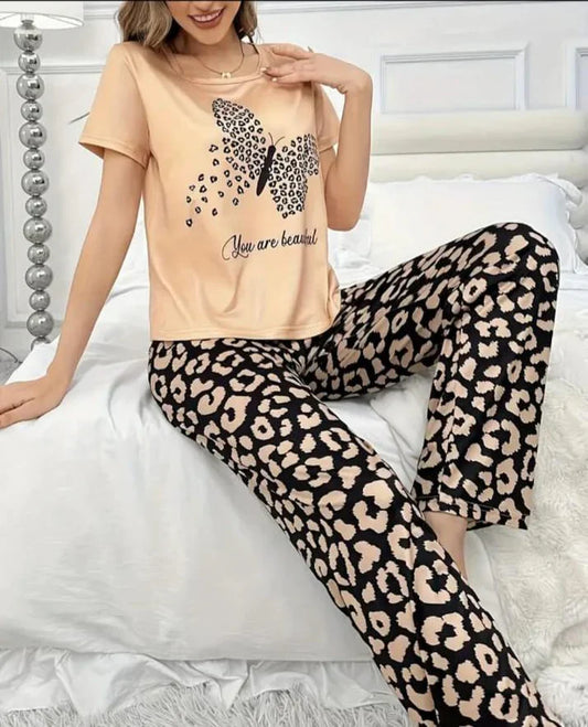 Brown You are Beautiful Butterfly Printed Night Suit (CC-132)