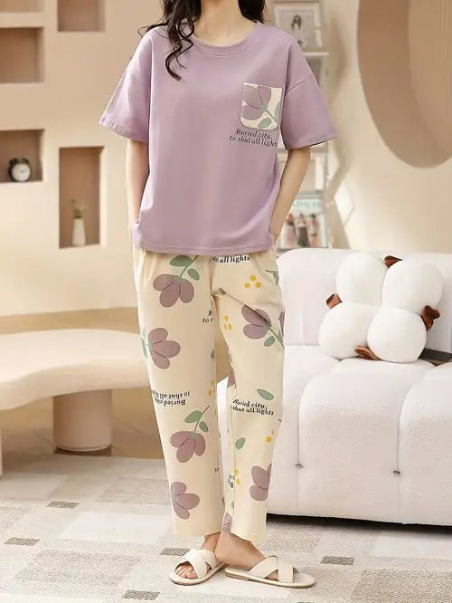 Lilac Flower Pocket Print Half Sleeves Printed Night Suit (CC-138)