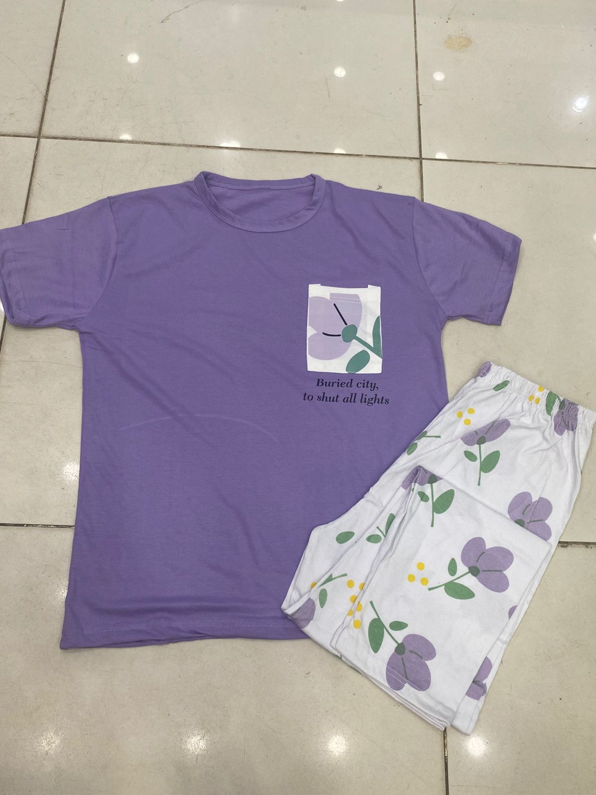 Lilac Flower Pocket Print Half Sleeves Printed Night Suit (CC-138)