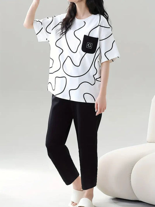 White Black Lining Pocket Printed Half Sleeves T-shirt With Plain Black Pajama Suit (CC-139)