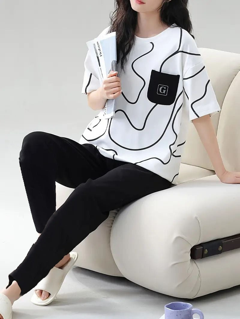 White Black Lining Pocket Printed Half Sleeves T-shirt With Plain Black Pajama Suit (CC-139)