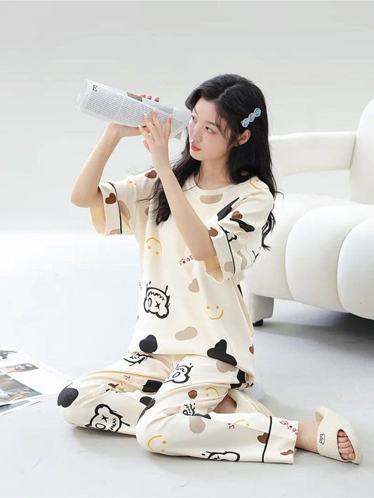 Off White Multi Monster Bear Half Sleeves Printed Night Suit (CC-140)