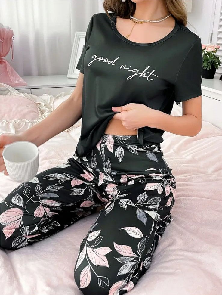 Black Good Night With Flower Printed Trouser Half Sleeves Night Suit (CC-142)