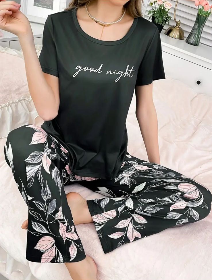 Black Good Night With Flower Printed Trouser Half Sleeves Night Suit (CC-142)