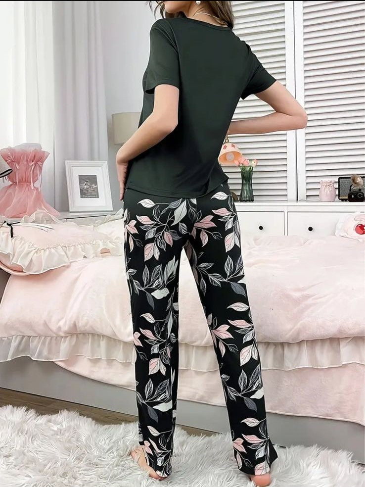 Black Good Night With Flower Printed Trouser Half Sleeves Night Suit (CC-142)