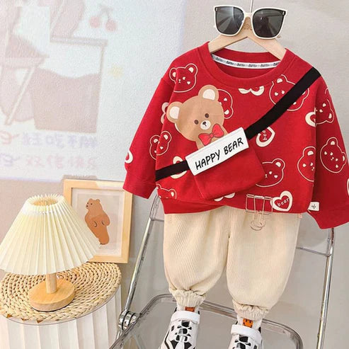 Red Happy Bear Pocket Sweatshirt with Off White Trouser (CC-113)