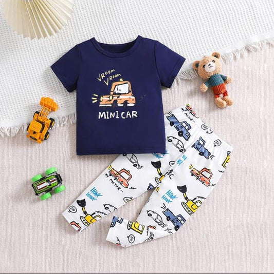 Navy Blue Mini Car with White pajama Printed Kids Night Suit (CC-049)