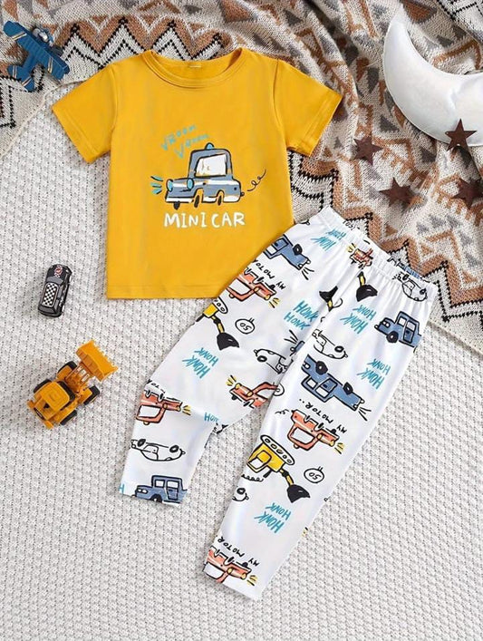 Yellow Mini Car Printed Half Sleeves T-Shirt with White Cars Printed Pajama For Kids (CC-036)